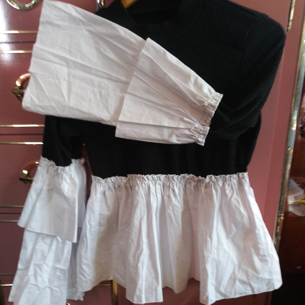 Shein Black and White Two Tone Flounce Sleeve Peplum 2 In 1 Top